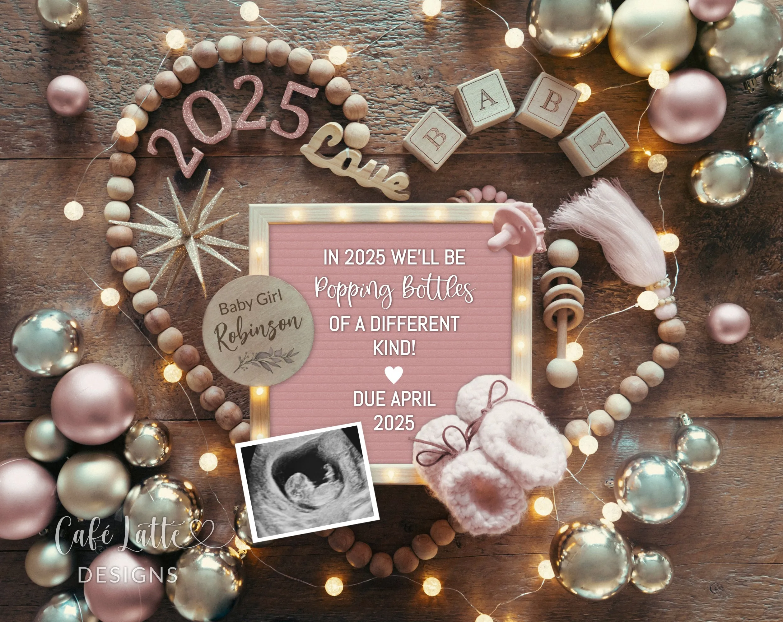 New Years Baby Girl Digital Gender Reveal - Heart Gold Ornaments - Bottles
